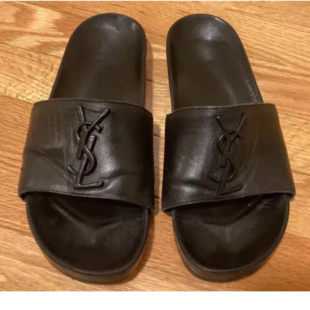 YSL Saint Laurent Joan Logo Slides Sandals Black Leather Auth Preowned